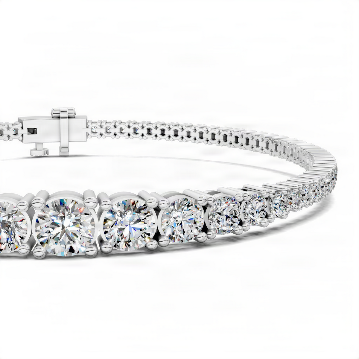 White gold tennis bracelet with round diamond-like stones and box clasp