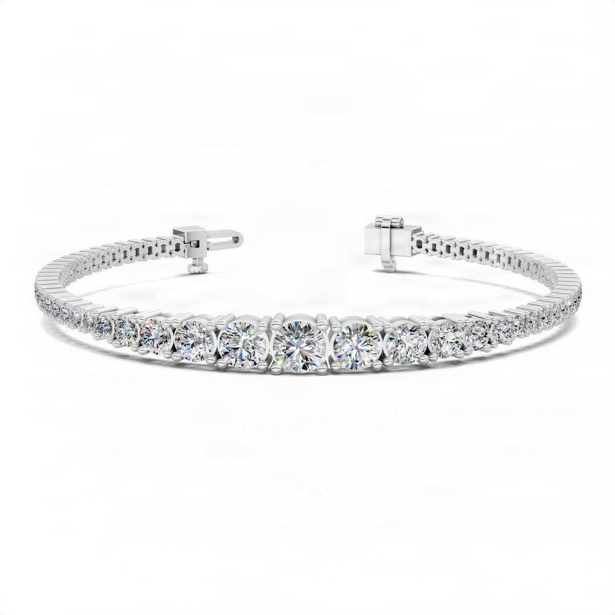 White gold tennis bracelet with round diamond-like stones and box clasp