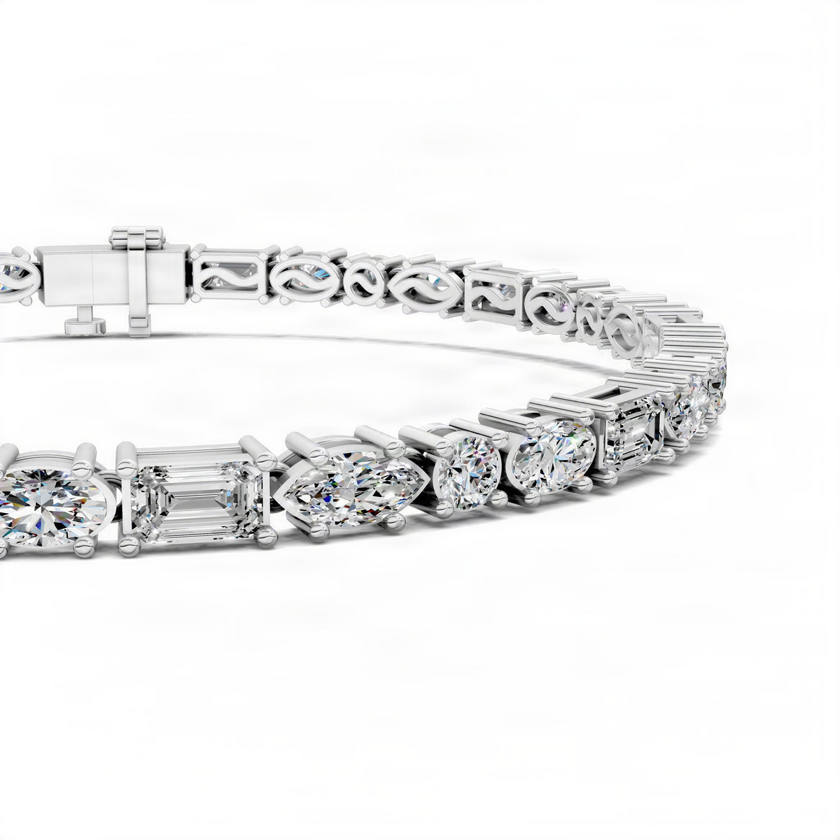 White gold tennis bracelet with mixed-shape clear stones and secure box clasp