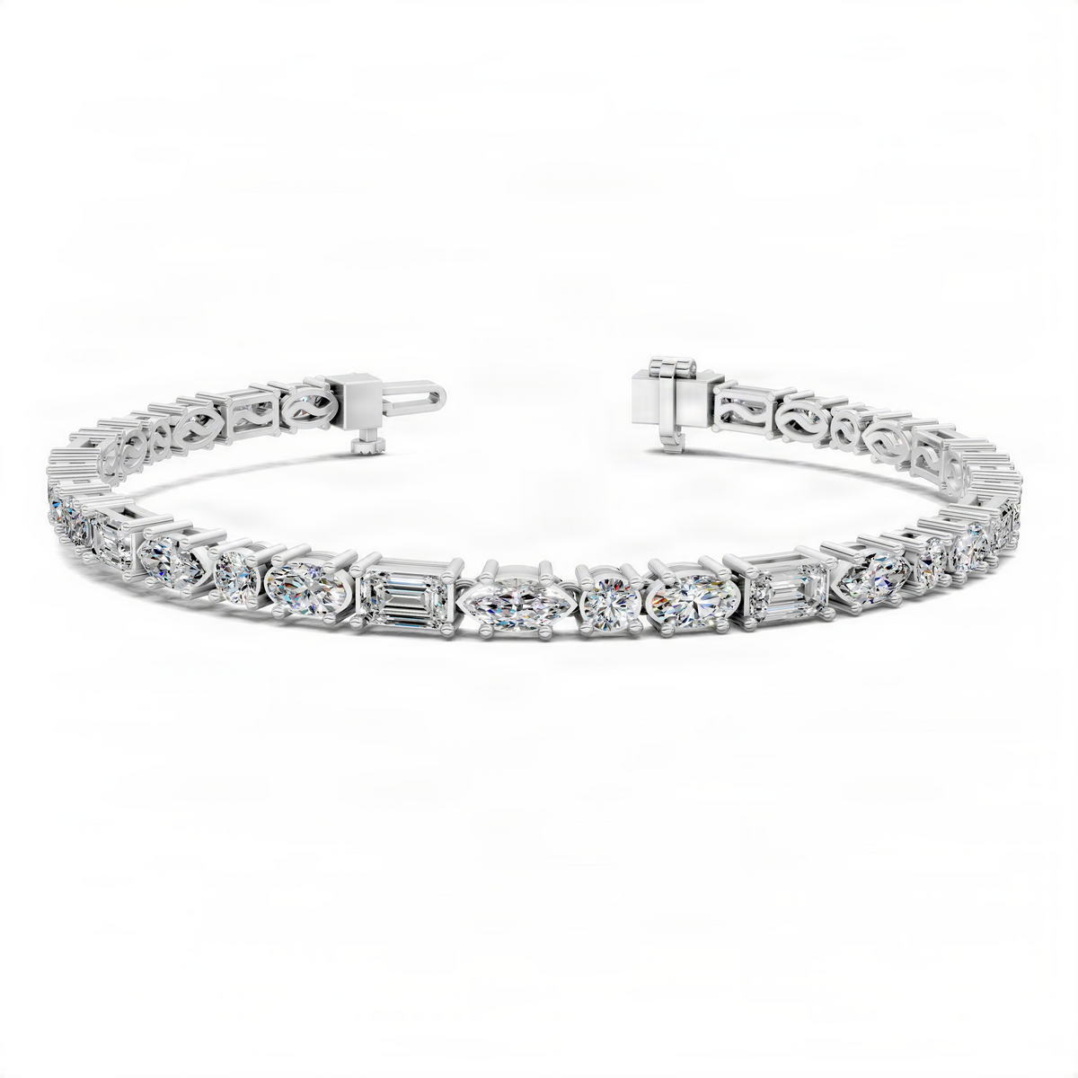 White gold tennis bracelet with mixed-shape clear stones and detailed clasp
