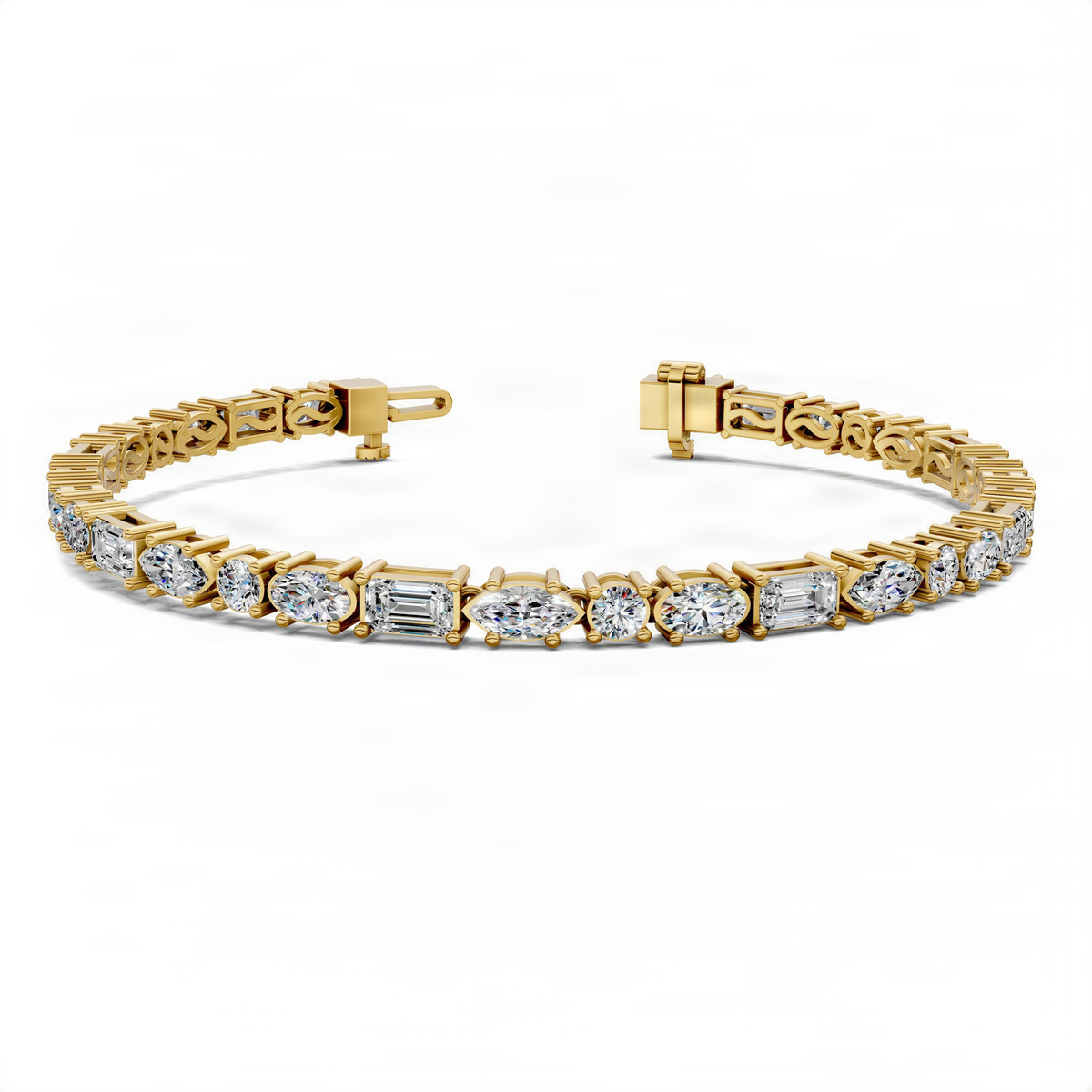 Yellow gold tennis bracelet with mixed-shape clear stones and box clasp