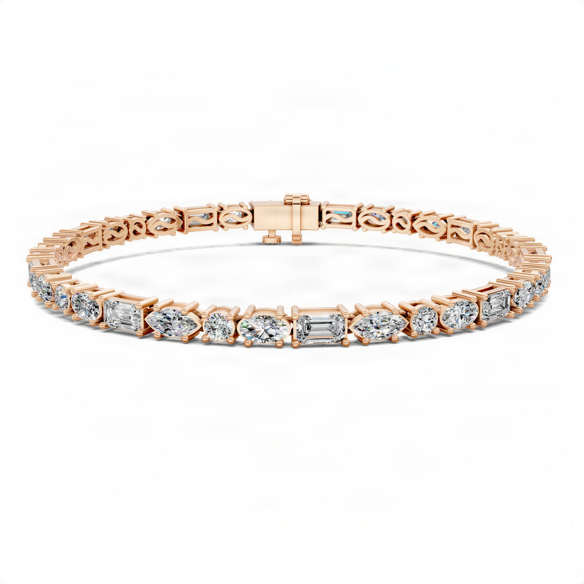 Rose gold tennis bracelet with mixed-shape clear stones and polished box clasp