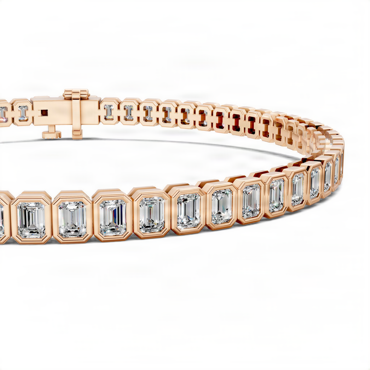 Rose gold bezel tennis bracelet with emerald-cut stones and hinged clasp