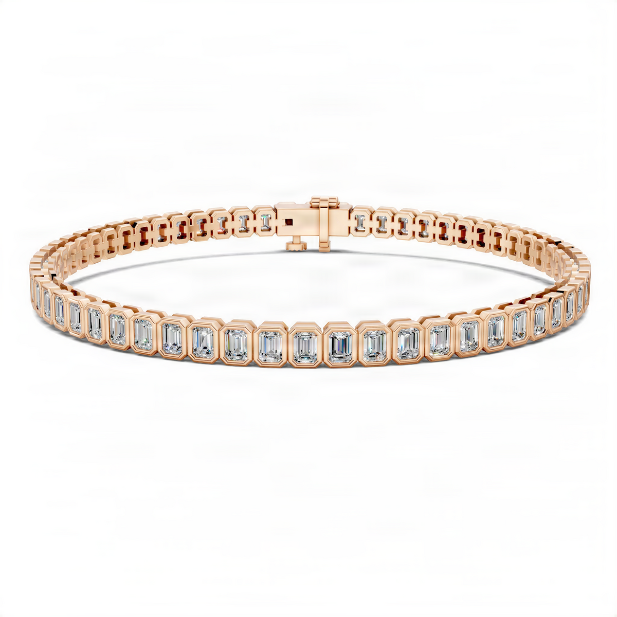 Rose gold bezel tennis bracelet with emerald-cut stones and hinged clasp