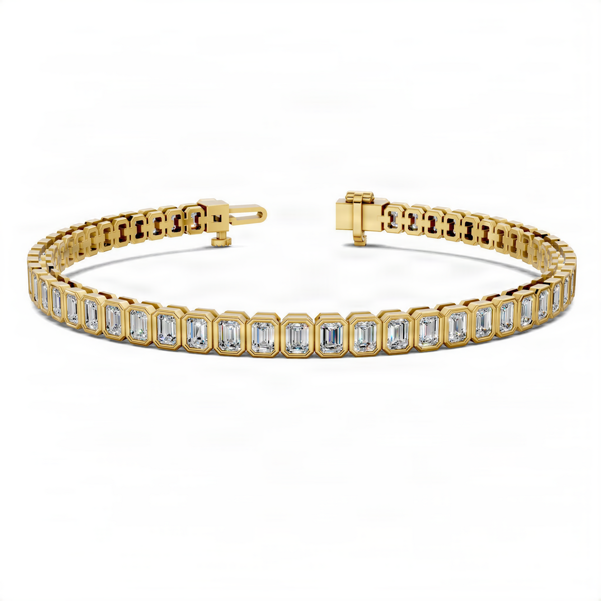 Yellow gold bezel tennis bracelet with emerald-cut stones, side clasp view