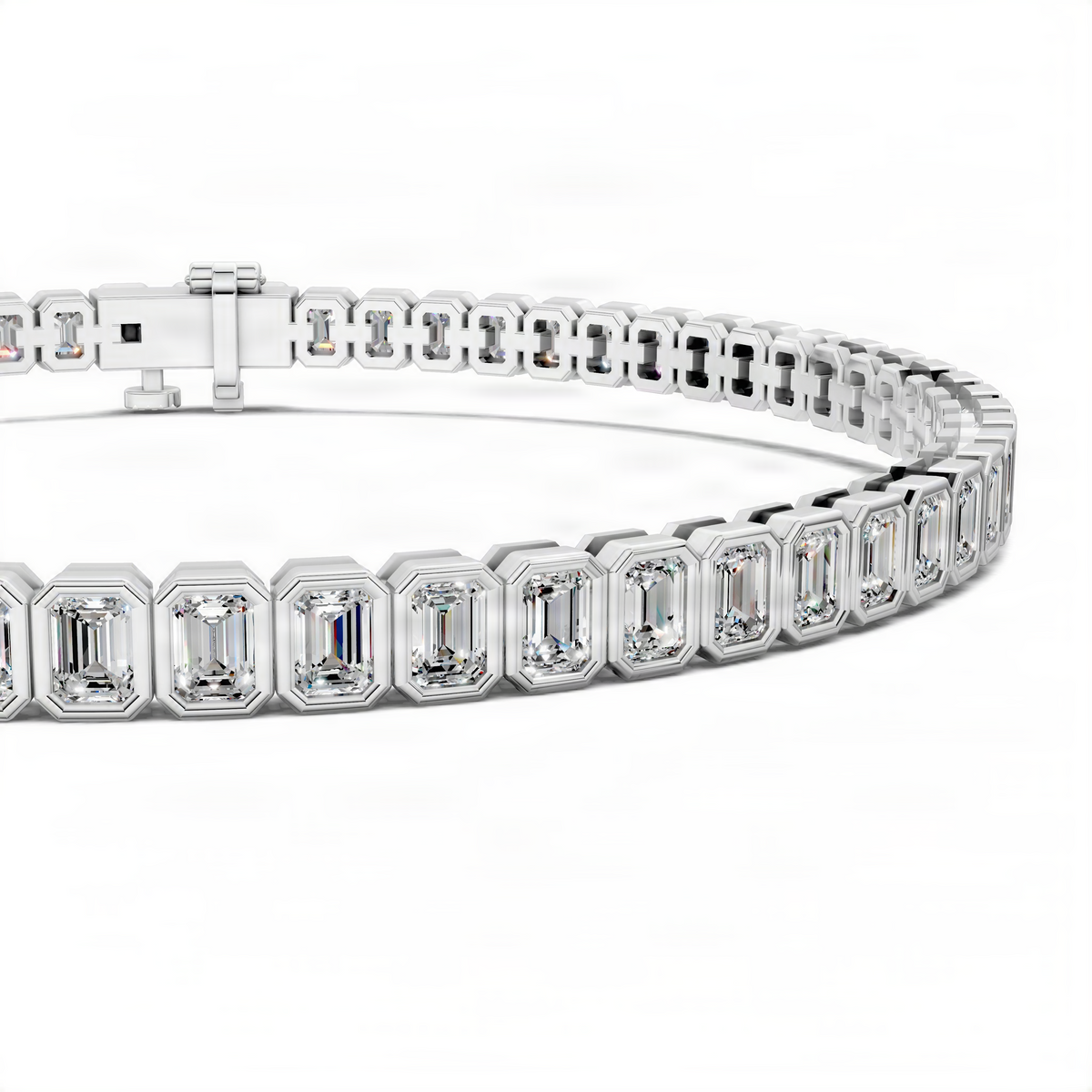 White gold bezel tennis bracelet with emerald-cut stones and hinged clasp