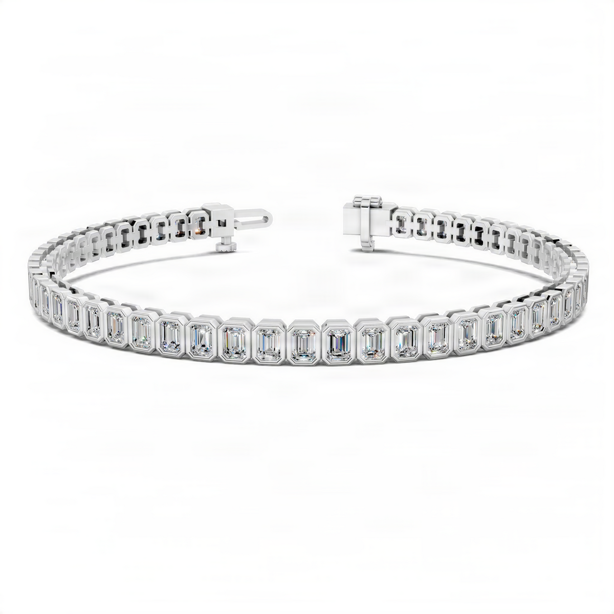 White gold bezel tennis bracelet with emerald-cut stones, side clasp view