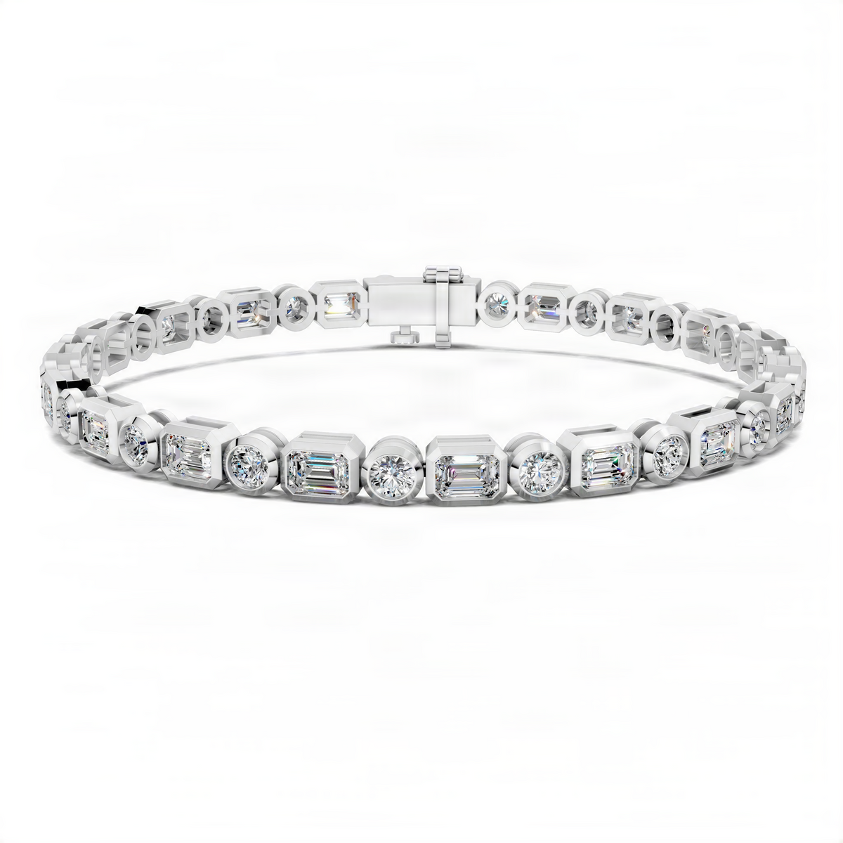White gold tennis bracelet with alternating round and rectangular bezel-set gemstones