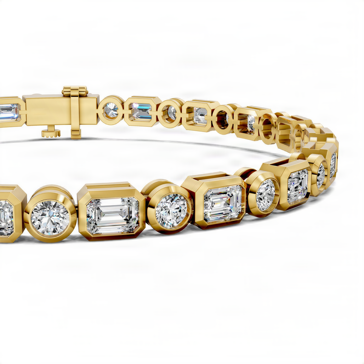 Yellow gold tennis bracelet with bezel-set round and rectangular gemstones, hinged clasp