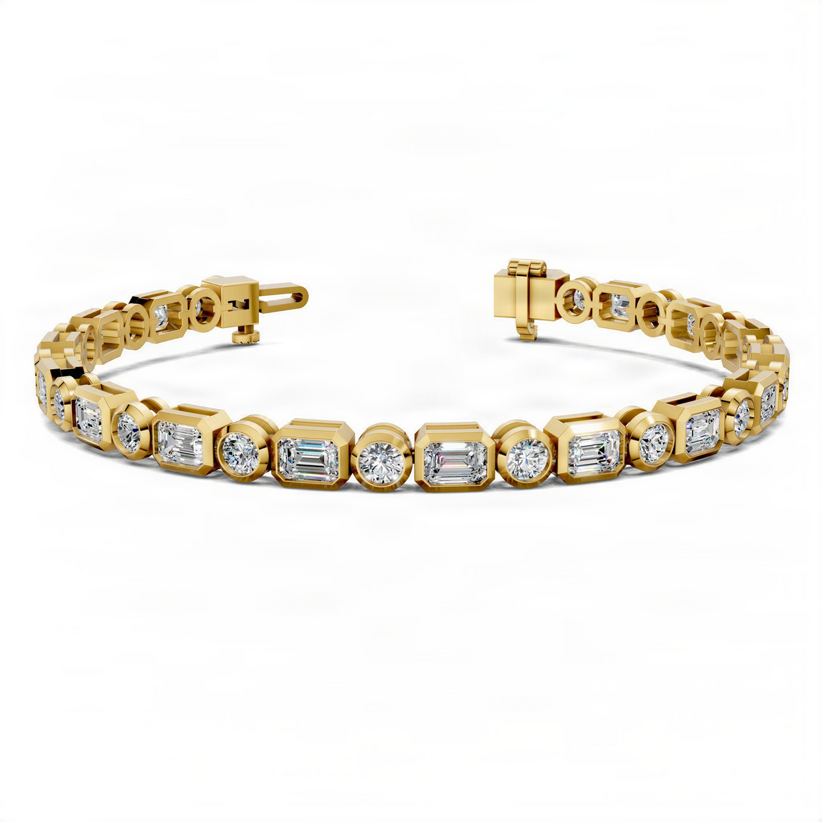 Yellow gold tennis bracelet with alternating round and rectangular bezel-set stones