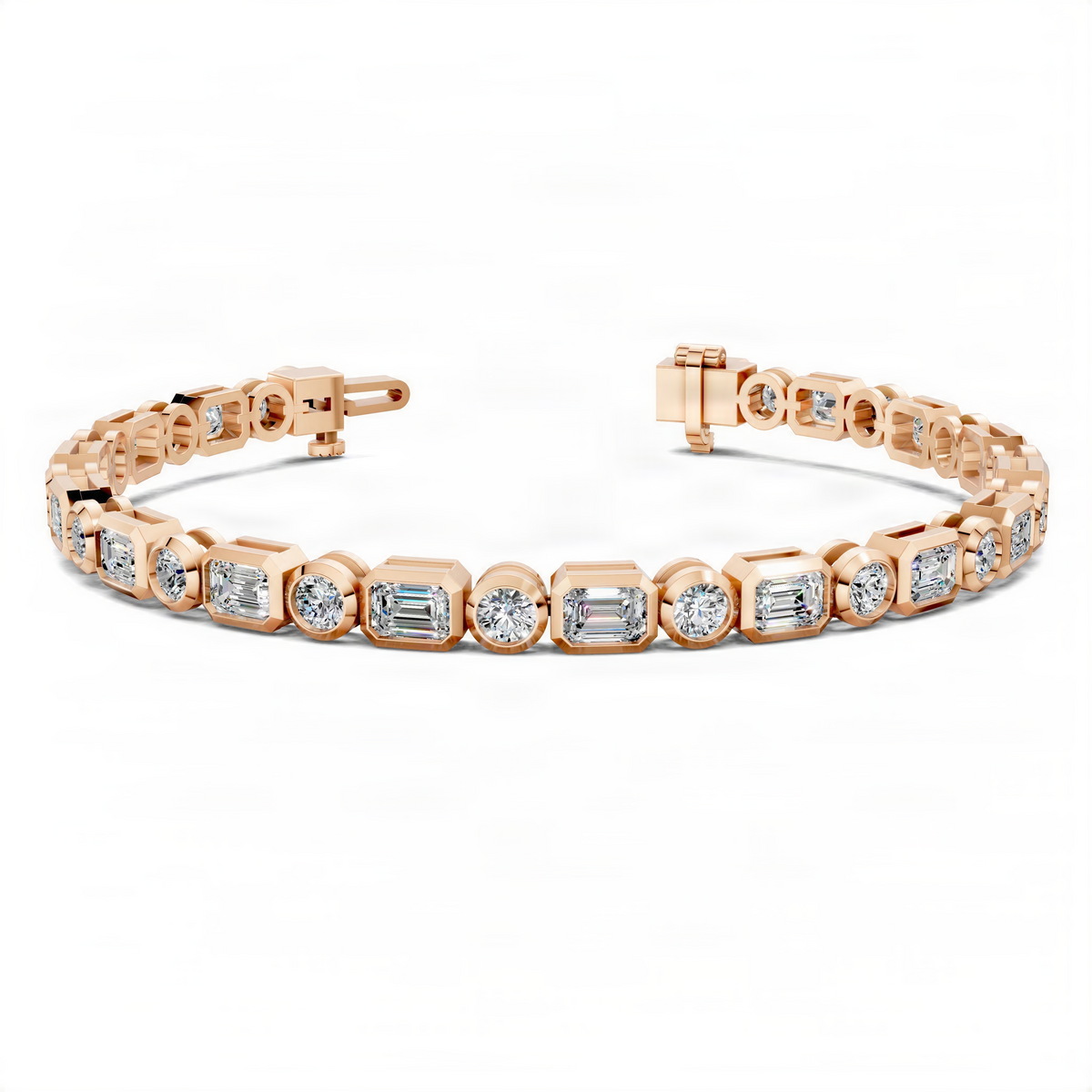 Rose gold tennis bracelet with alternating round and rectangular bezel-set stones