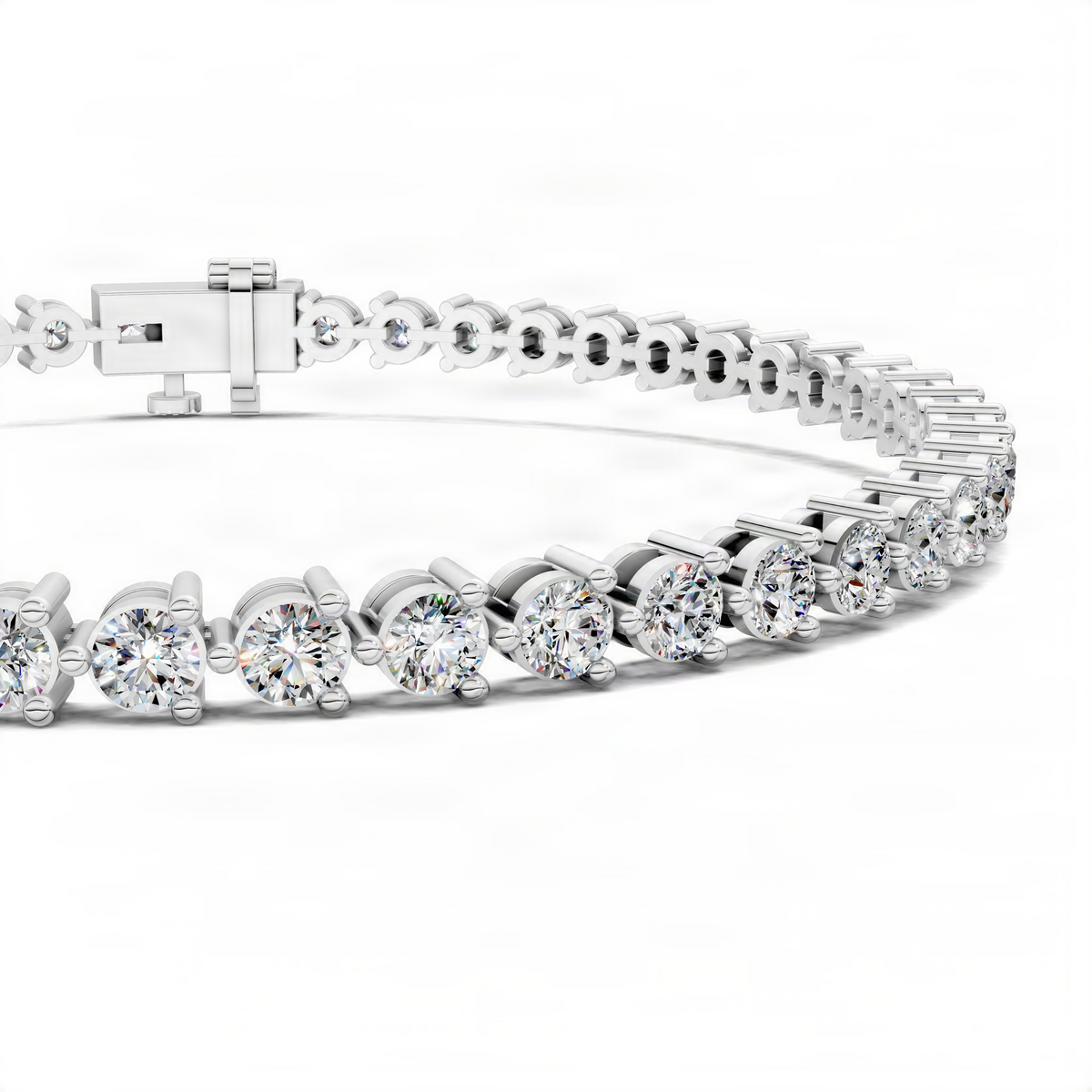 Three-prong tennis bracelet, white metal with round prong-set diamonds, angled view