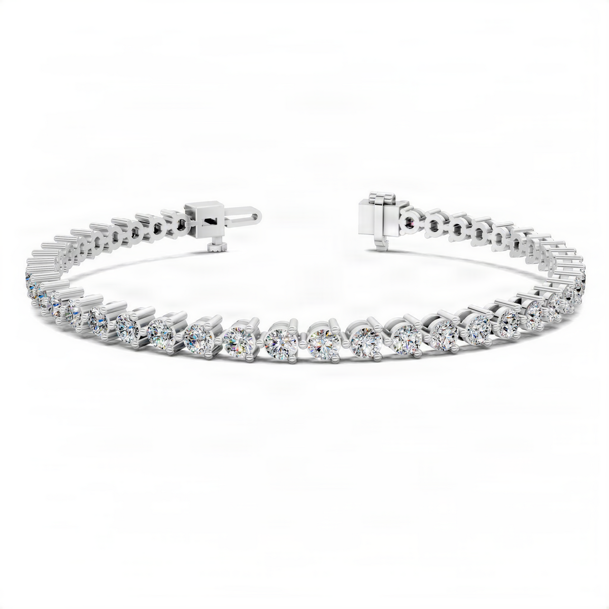 Three-prong tennis bracelet, white metal with round prong-set diamonds and clasp