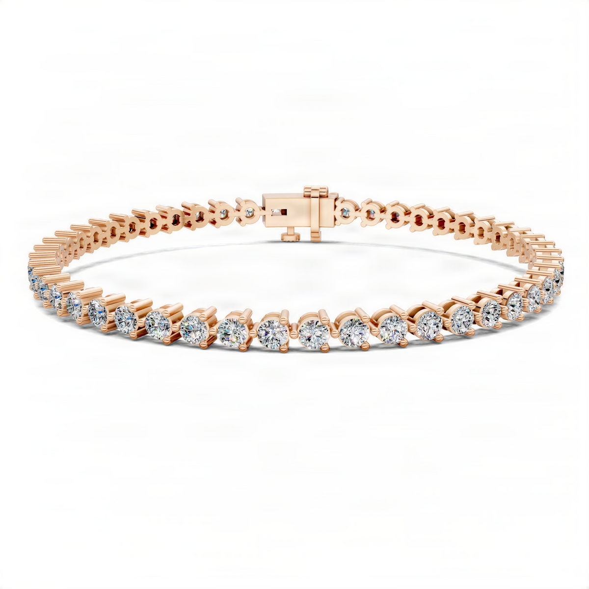 Three-prong tennis bracelet, rose gold with round prong-set diamonds and clasp