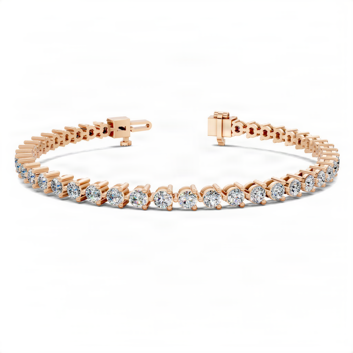 Three-prong tennis bracelet, rose gold with round prong-set diamonds, angled view