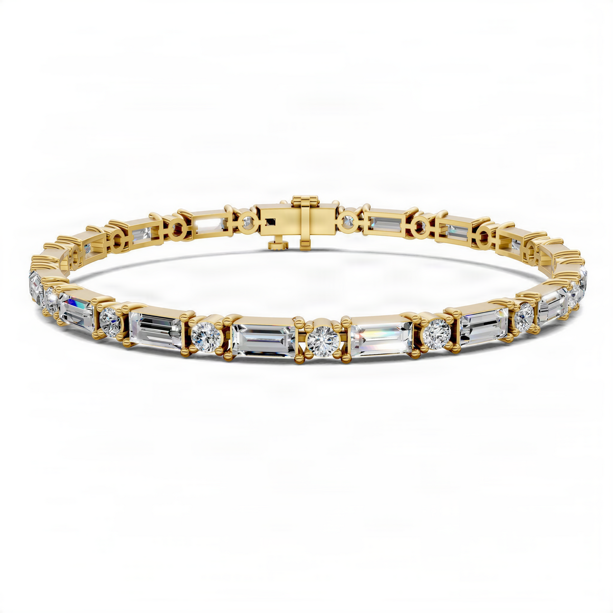 Yellow gold tennis bracelet with baguette and round stones, center clasp