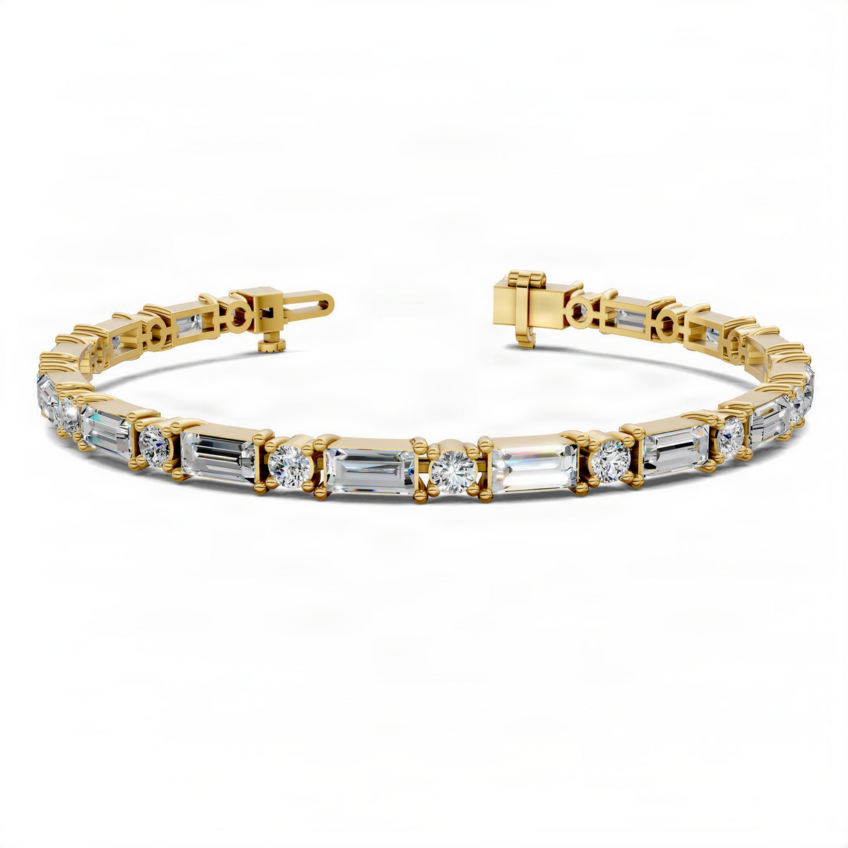 Yellow gold tennis bracelet with baguette and round stones, open-center view