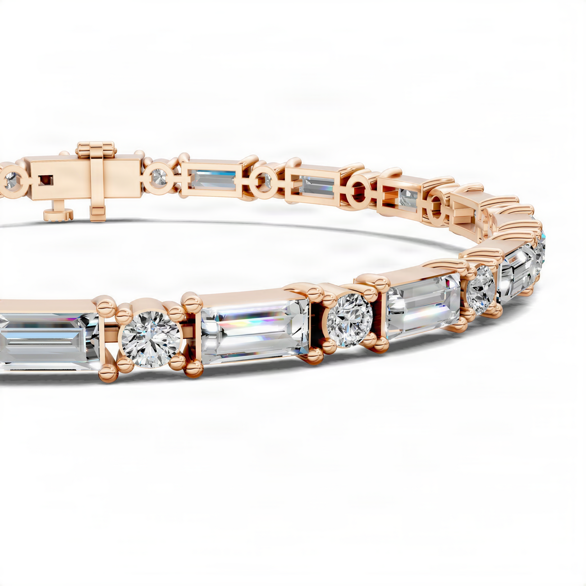 Rose gold tennis bracelet with baguette and round stones, side profile