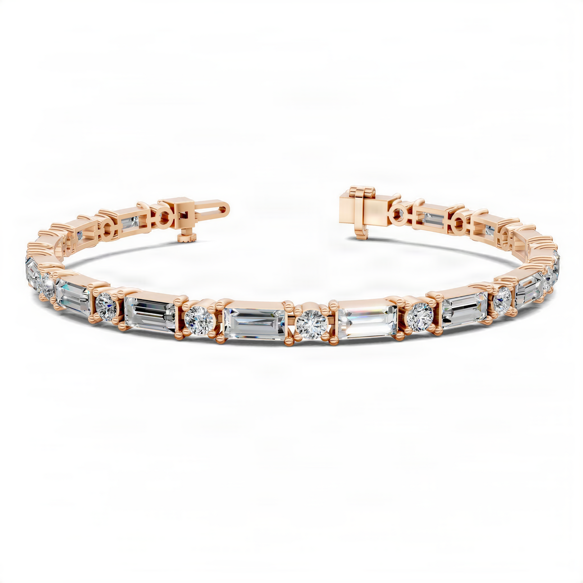 Rose gold tennis bracelet with baguette and round stones, side angle with clasp