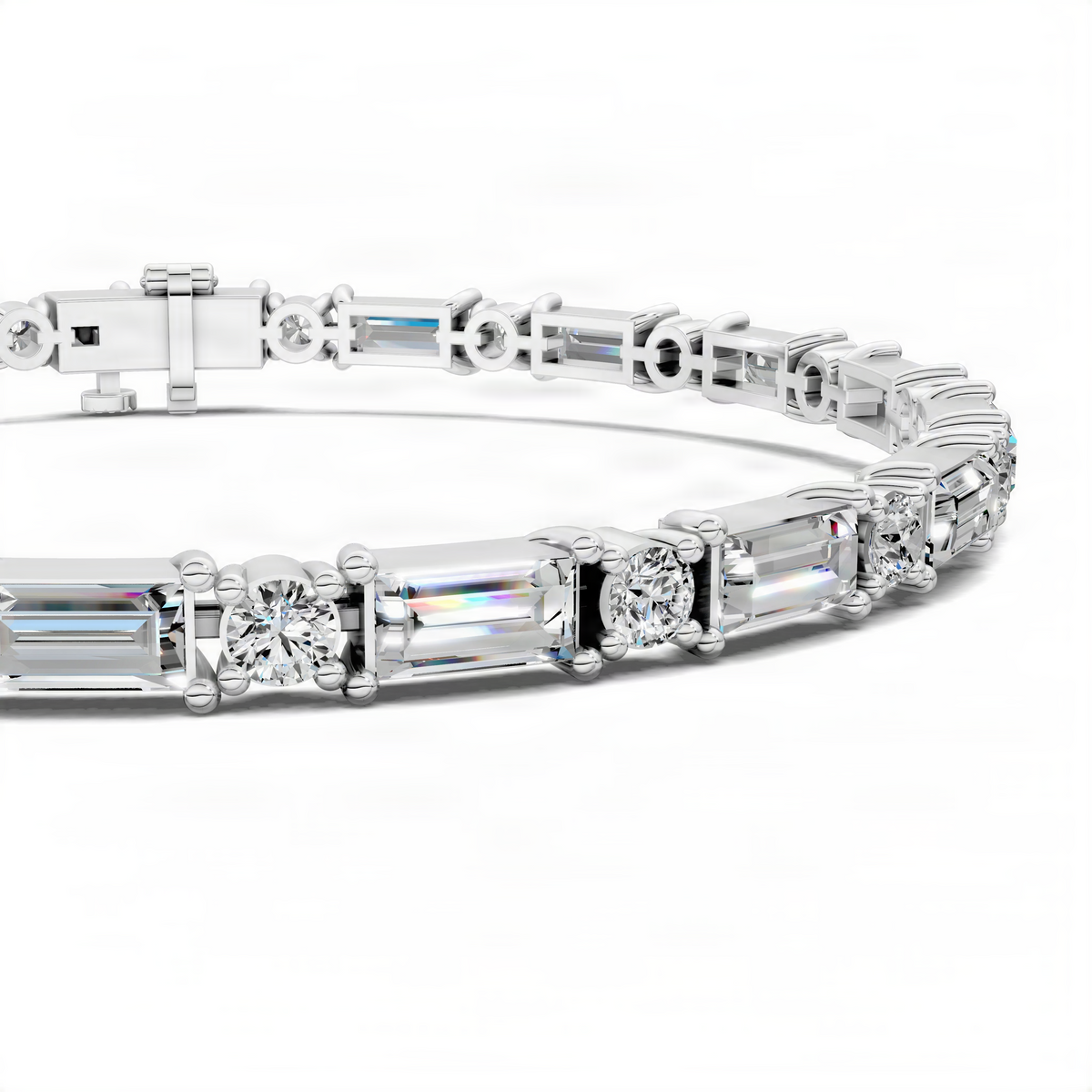 White gold tennis bracelet with baguette and round stones, side profile