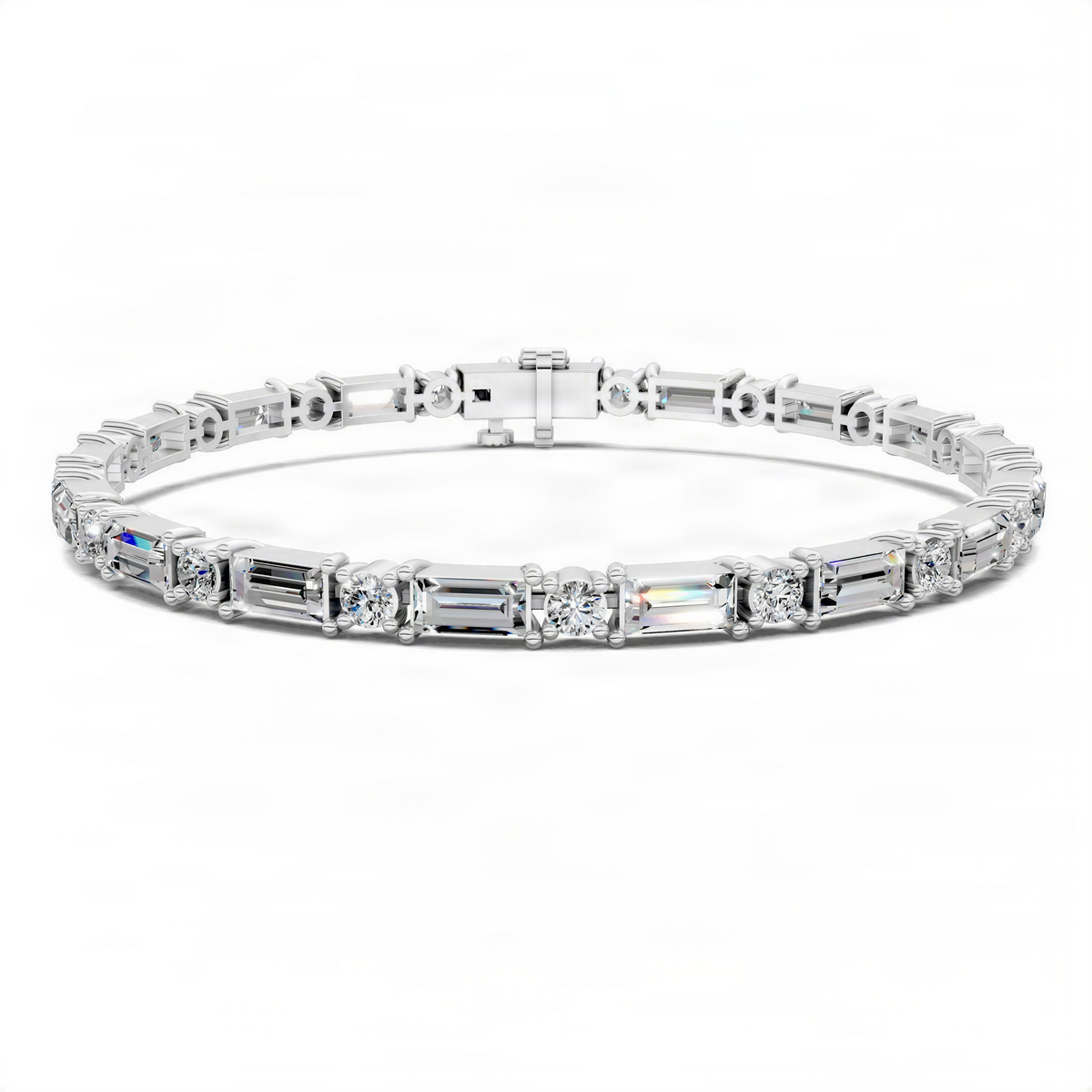White gold tennis bracelet with baguette and round stones, center clasp