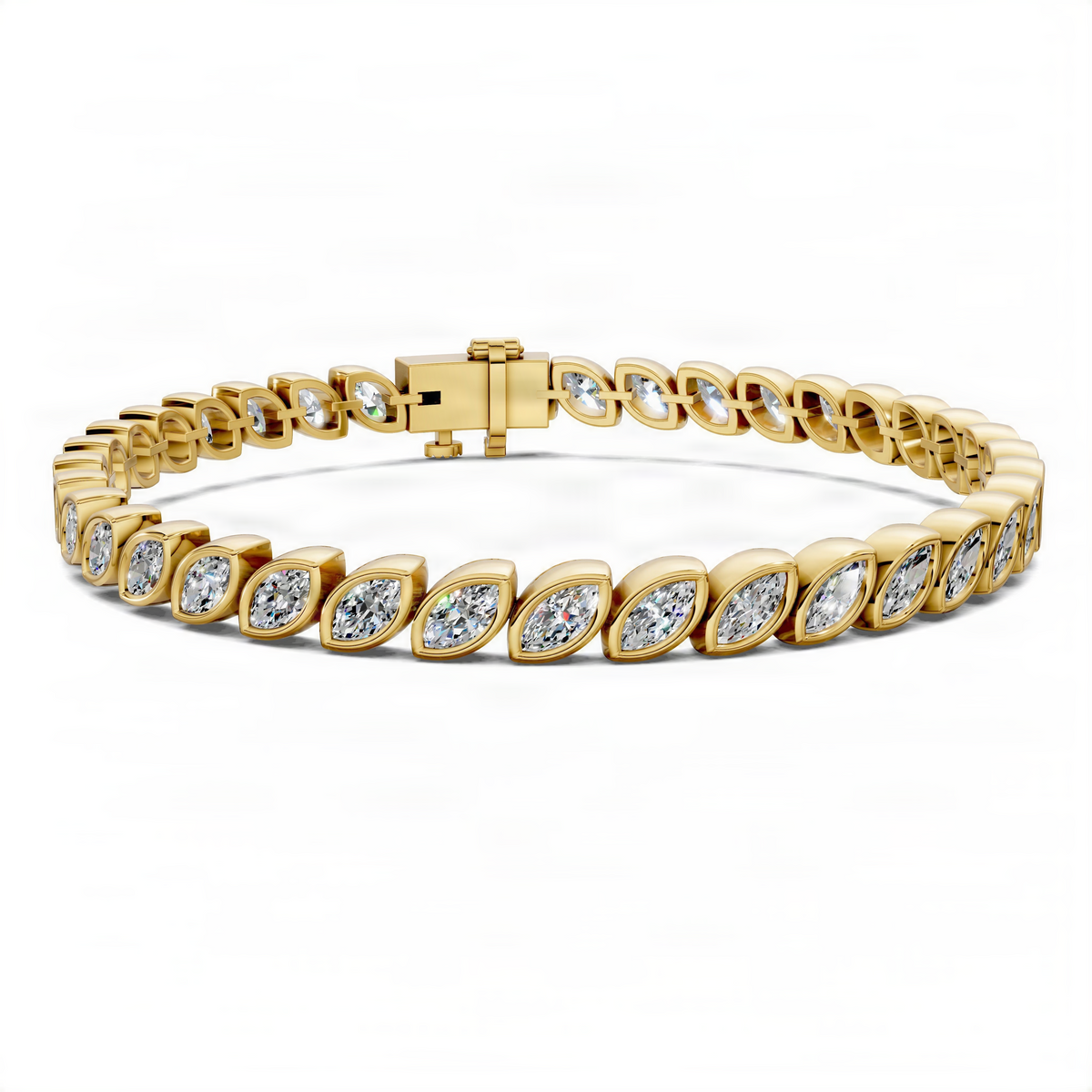 14K Yellow gold tennis bracelet with oval bezel-set diamond stones and box clasp
