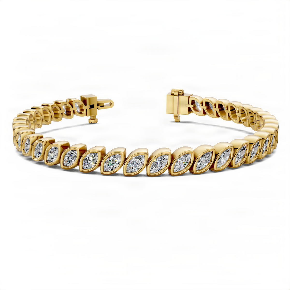 14K Yellow gold tennis bracelet with bezel-set oval diamonds and hinged box clasp