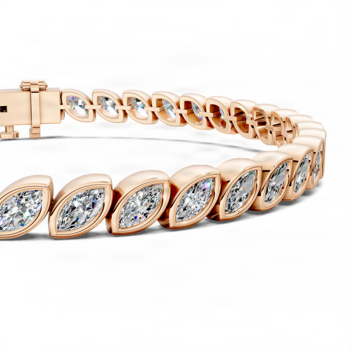 14K Rose gold tennis bracelet with bezel-set oval diamonds and box clasp