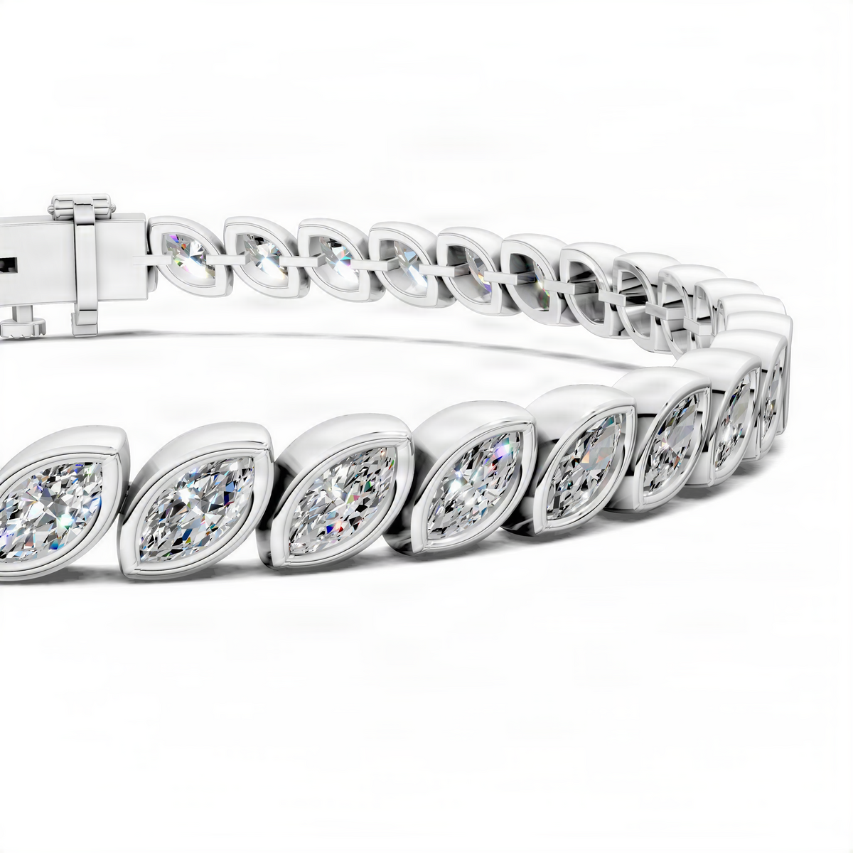 14K White gold tennis bracelet with bezel-set oval diamonds and box clasp