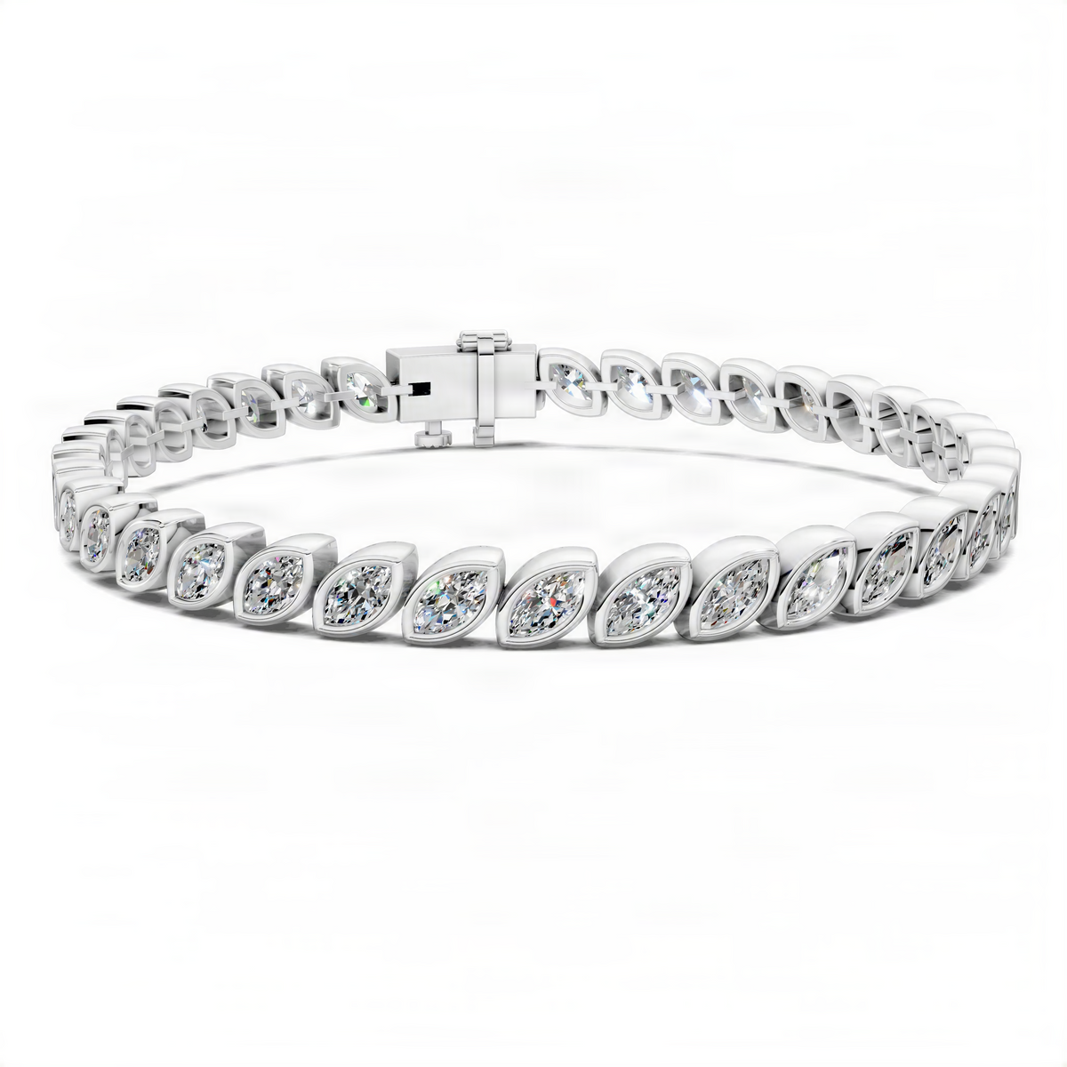 14K White gold tennis bracelet with oval bezel-set diamond stones and box clasp