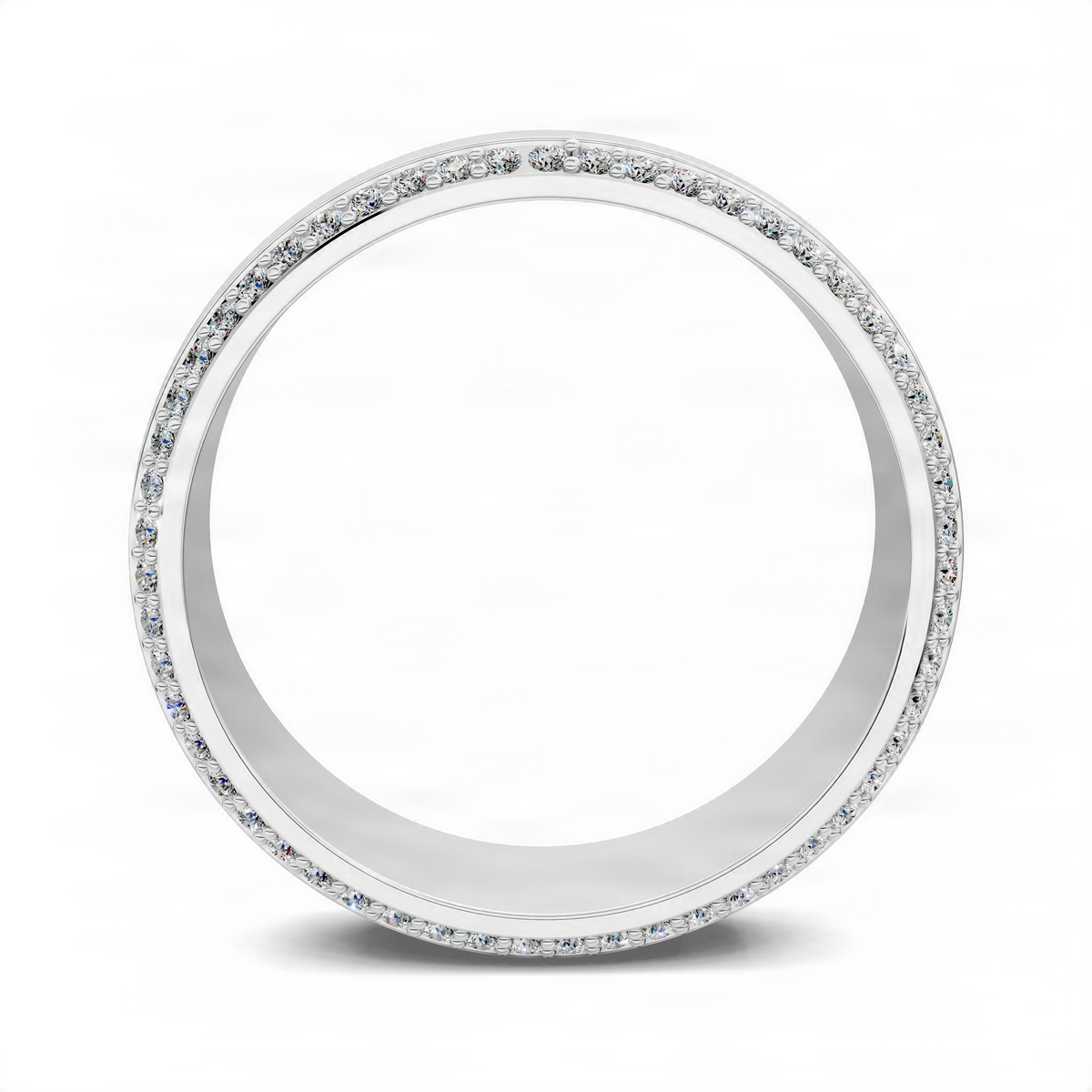 Diamond edge band ring in white gold, round pavé stones around the outer edge