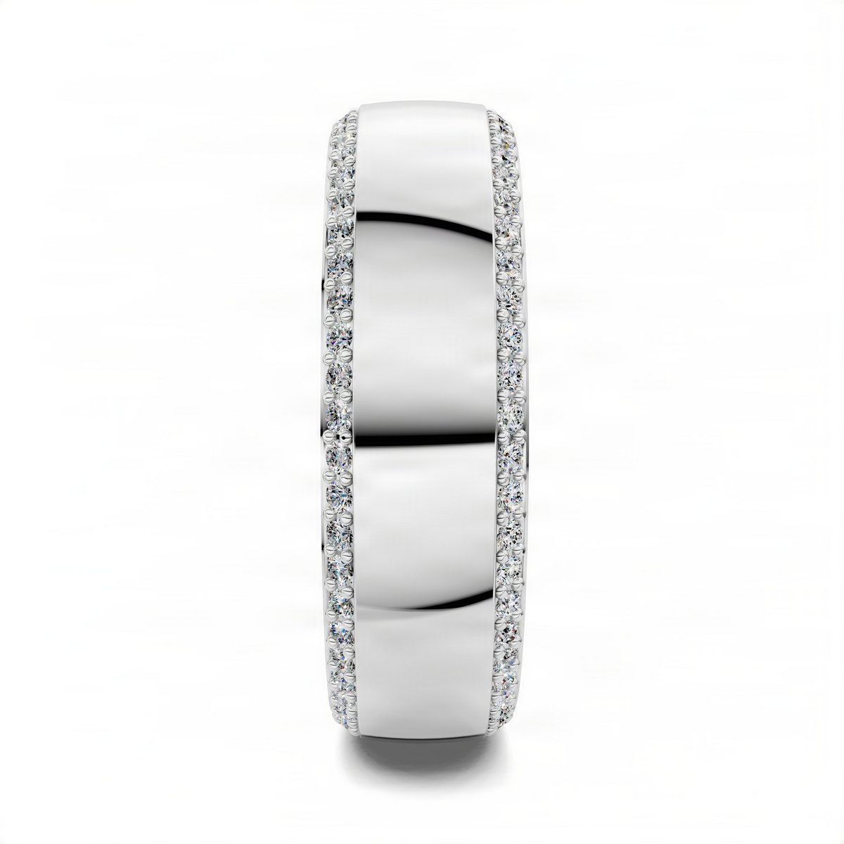 Diamond edge band ring in white metal with polished center and pavé-set sides