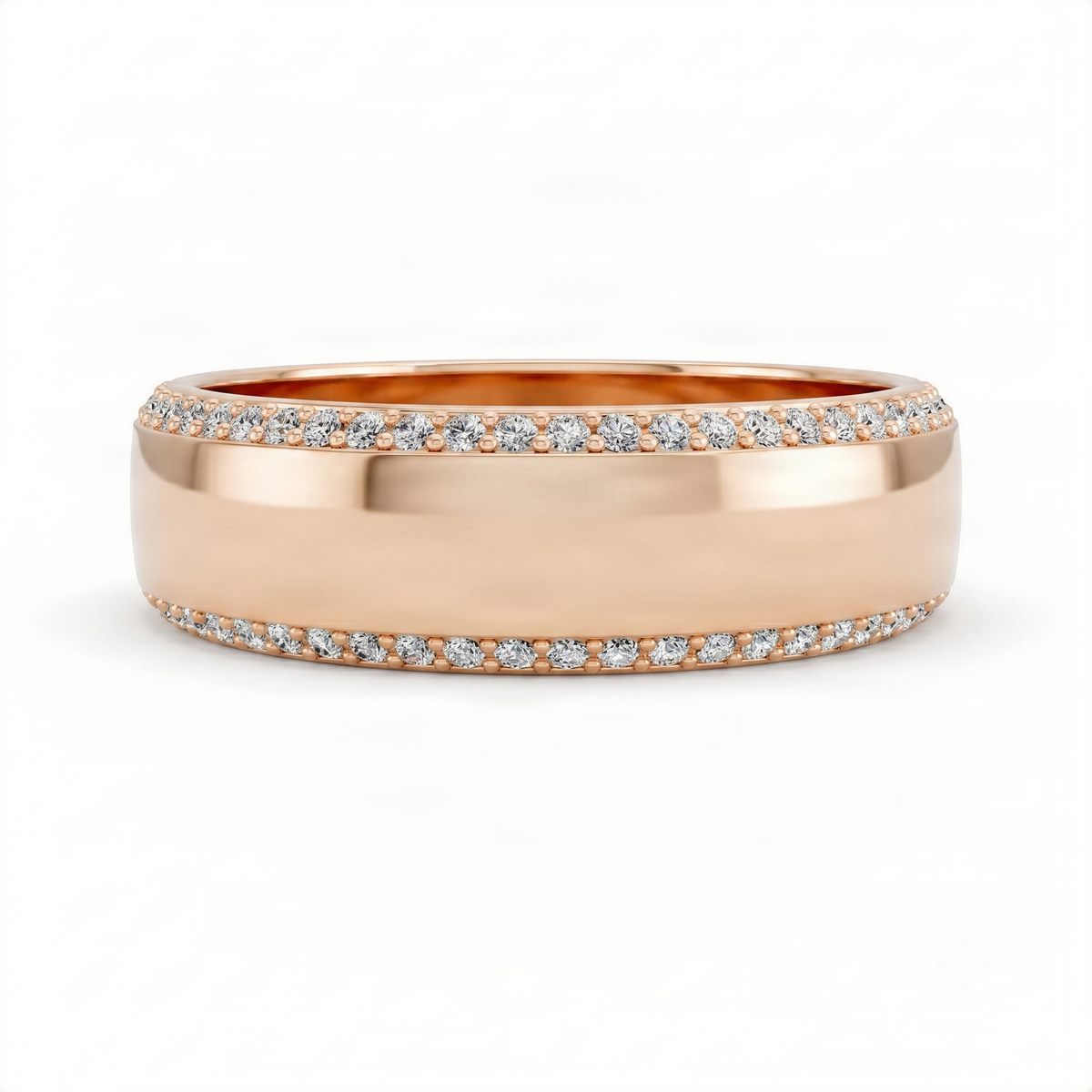 Rose gold diamond edge band ring with polished center and pavé diamond rims