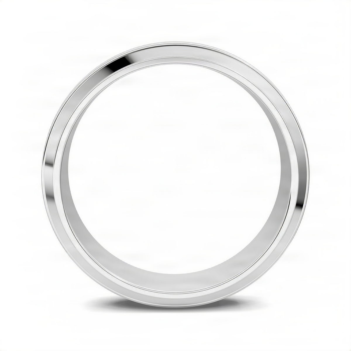 Matte beveled band ring in white gold, front view with inner cutout