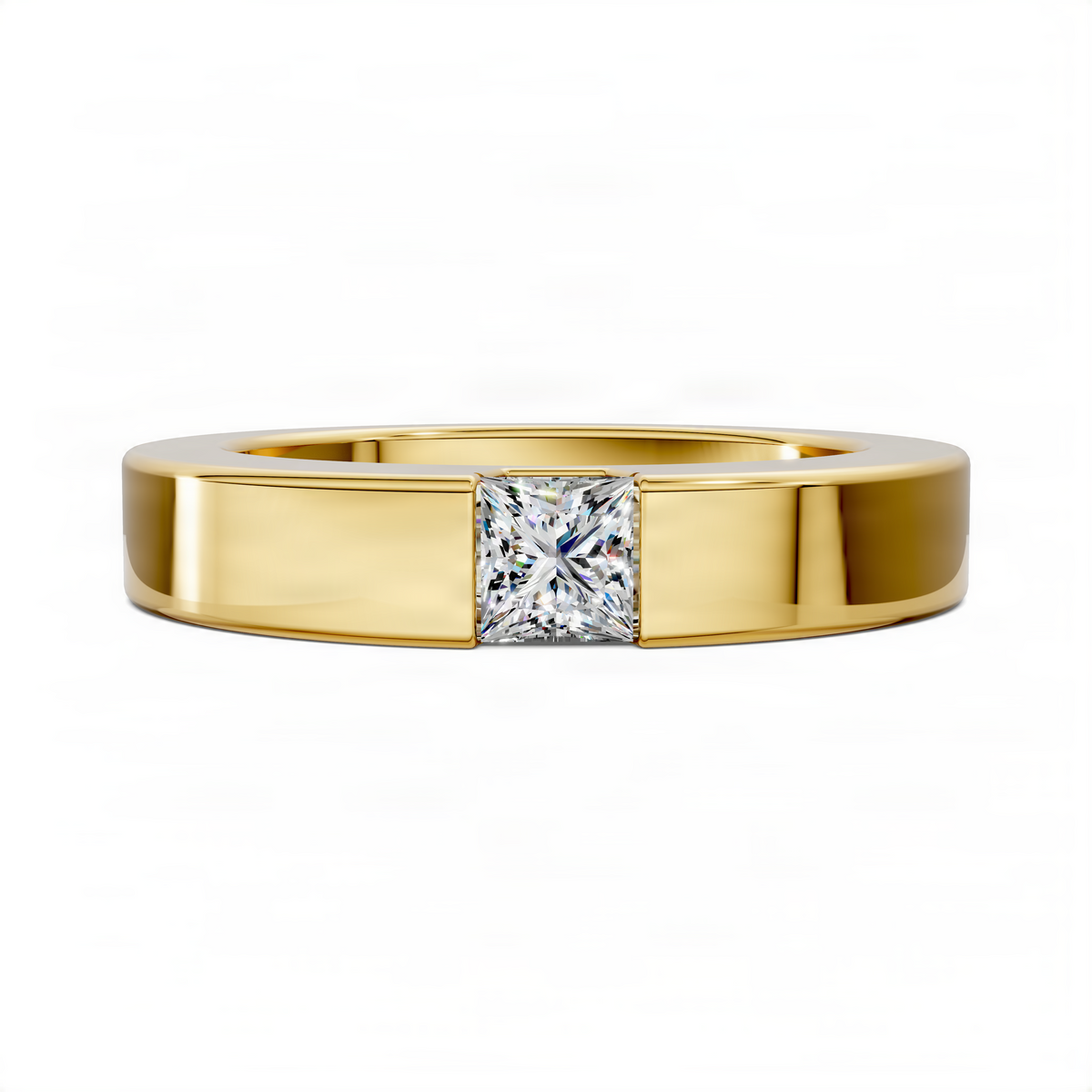 Yellow gold princess diamond band ring with central square-cut diamond