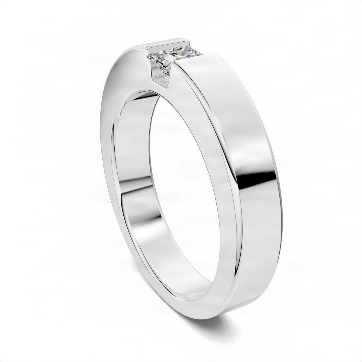 White gold princess diamond band ring with raised diamond setting, angled view