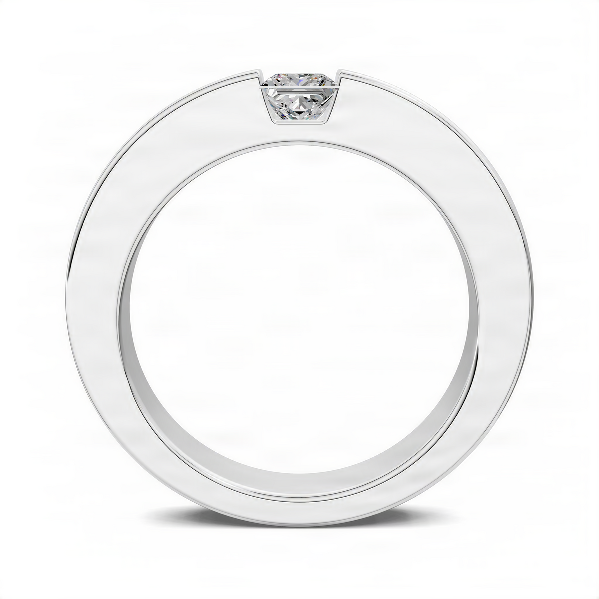 White gold princess diamond band ring, top view with center square-cut diamond