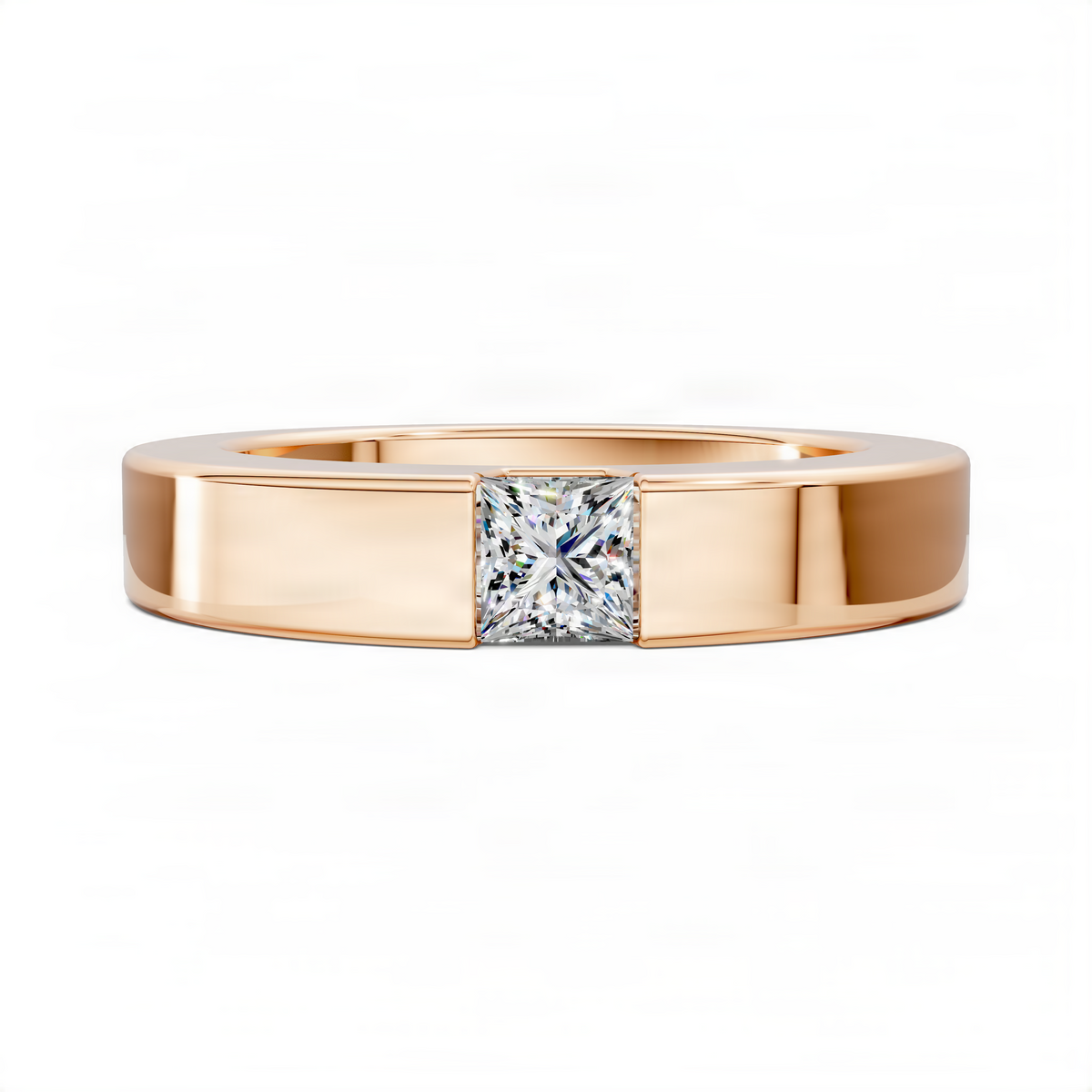 Rose gold princess diamond band ring with central square-cut diamond