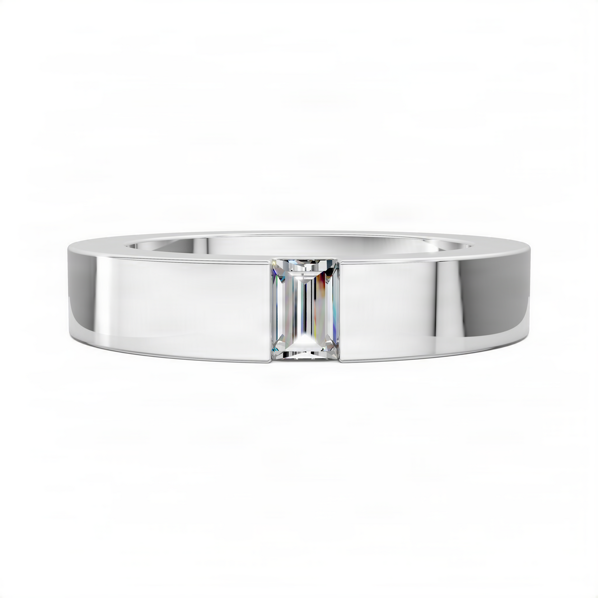 White gold baguette diamond ring band with rectangular center stone