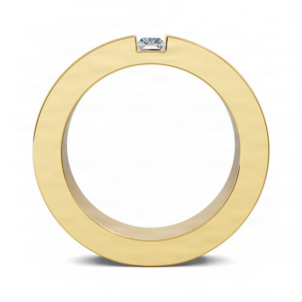 Yellow gold baguette diamond ring with rectangular center stone, top view