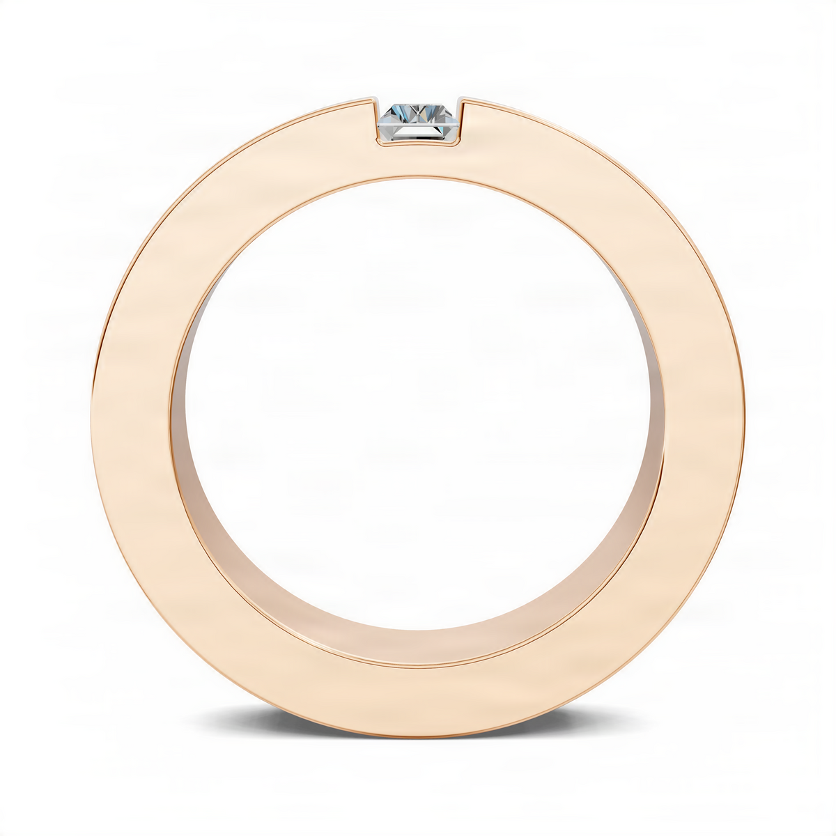 Rose gold baguette diamond ring with rectangular center stone, top view