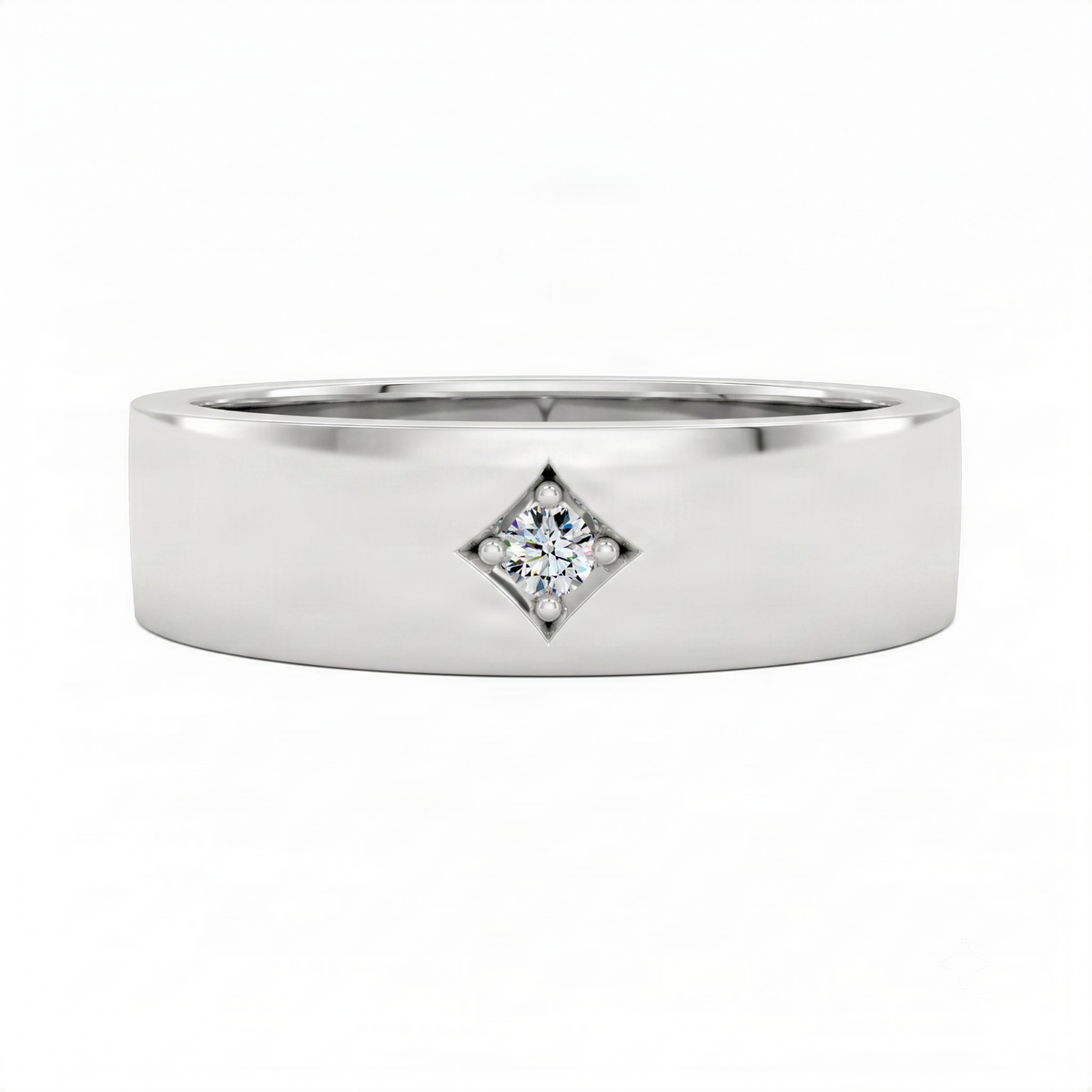 White gold diamond band ring with a central round diamond in diamond-shaped bezel