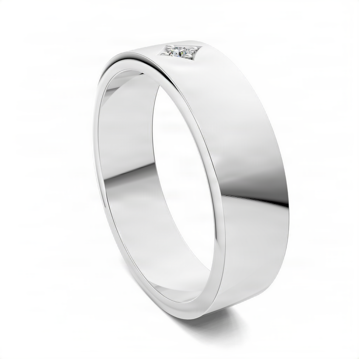 White gold diamond band ring with a small round diamond in a diamond-shaped setting