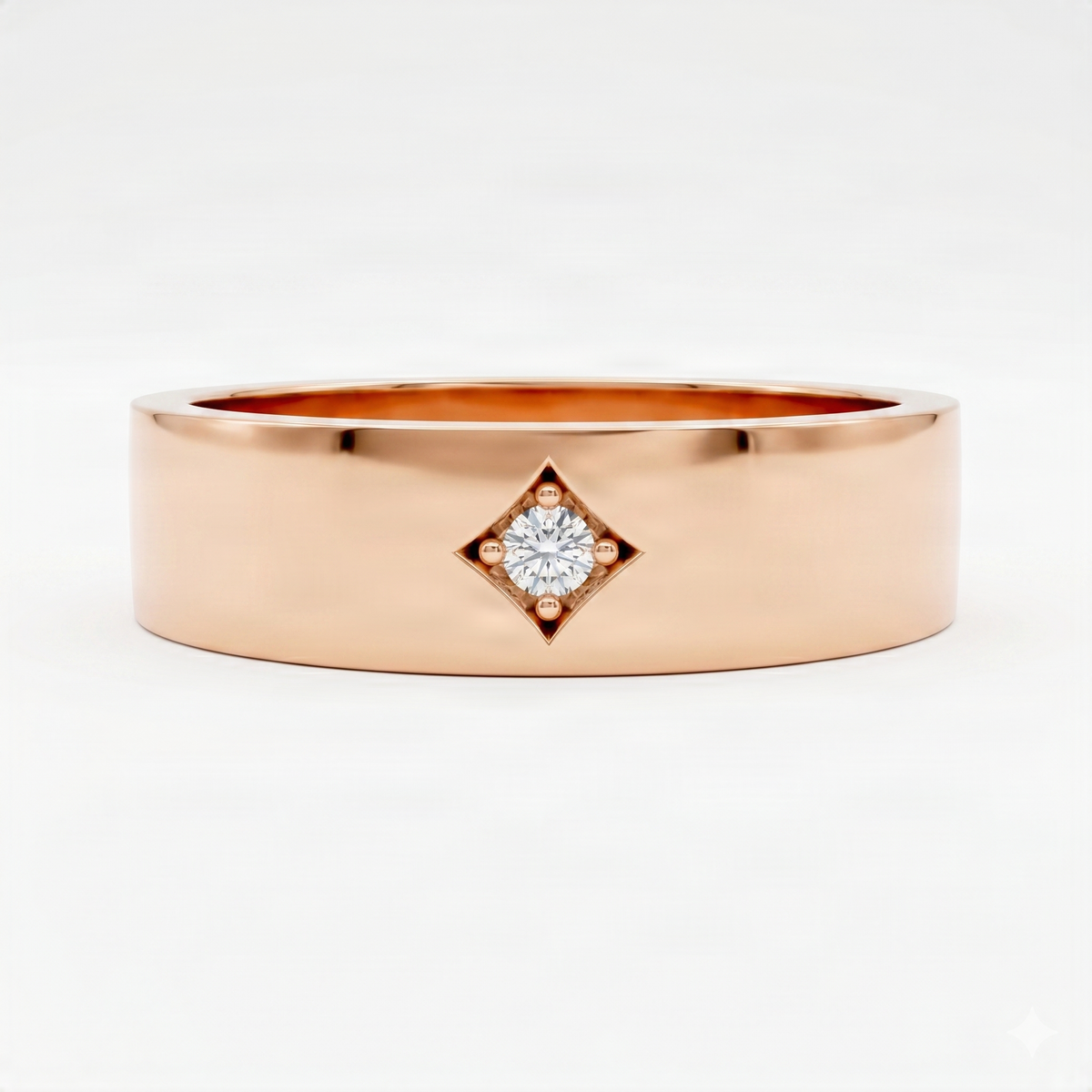 Rose gold diamond band ring with central round diamond in diamond-shaped setting
