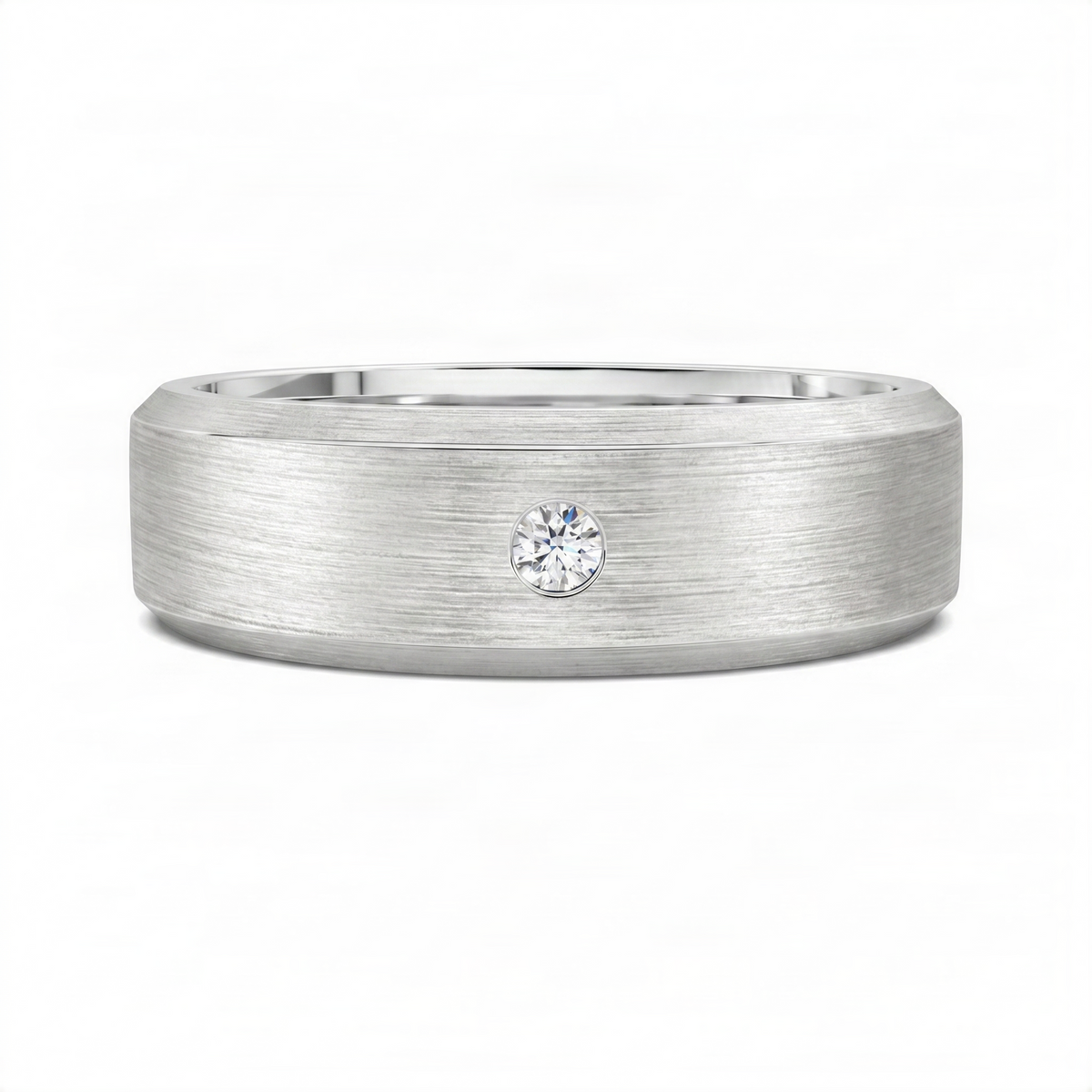White gold matte beveled band ring with round solitaire diamond, front view