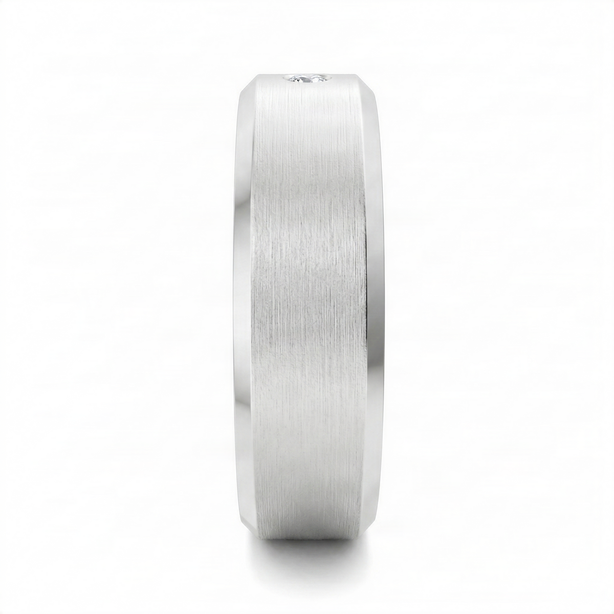 White gold matte beveled diamond band ring, side profile
