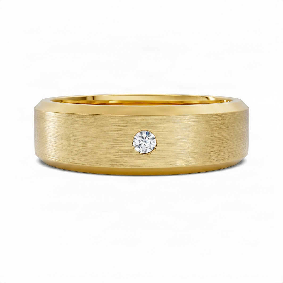 Matte yellow gold diamond wedding band with round center stone and beveled edges