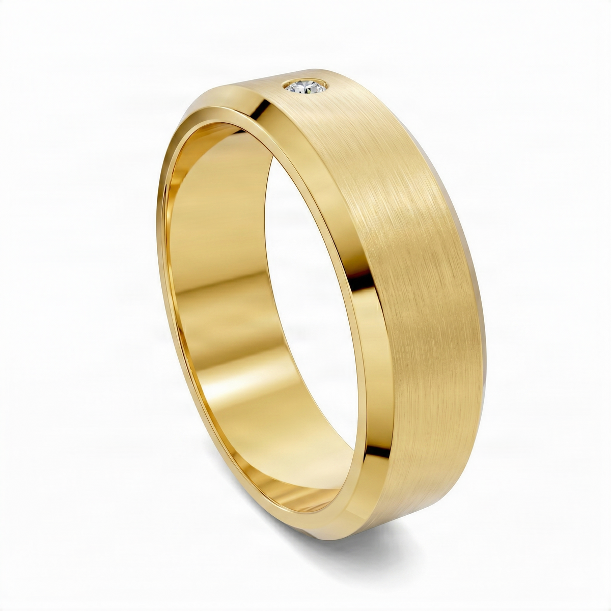 Yellow gold matte beveled diamond band ring with round solitaire diamond, side view
