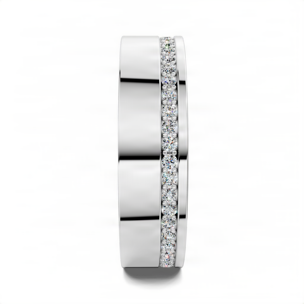 Eternity band ring in polished white metal with a row of small round stones