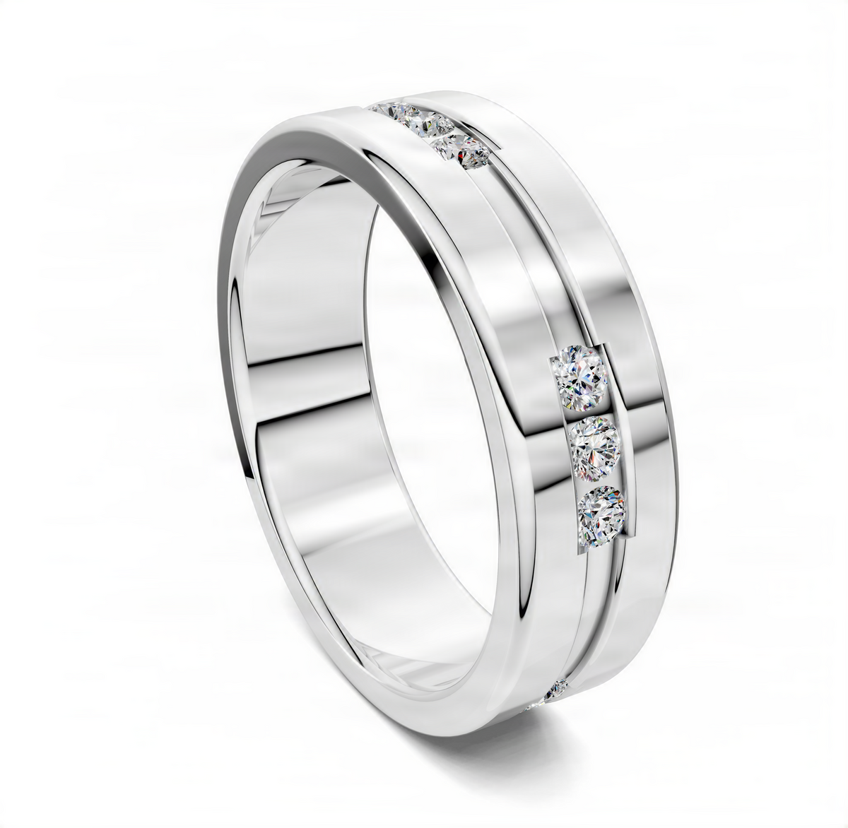 White gold triple groove ring with three diamond accents on the outer band